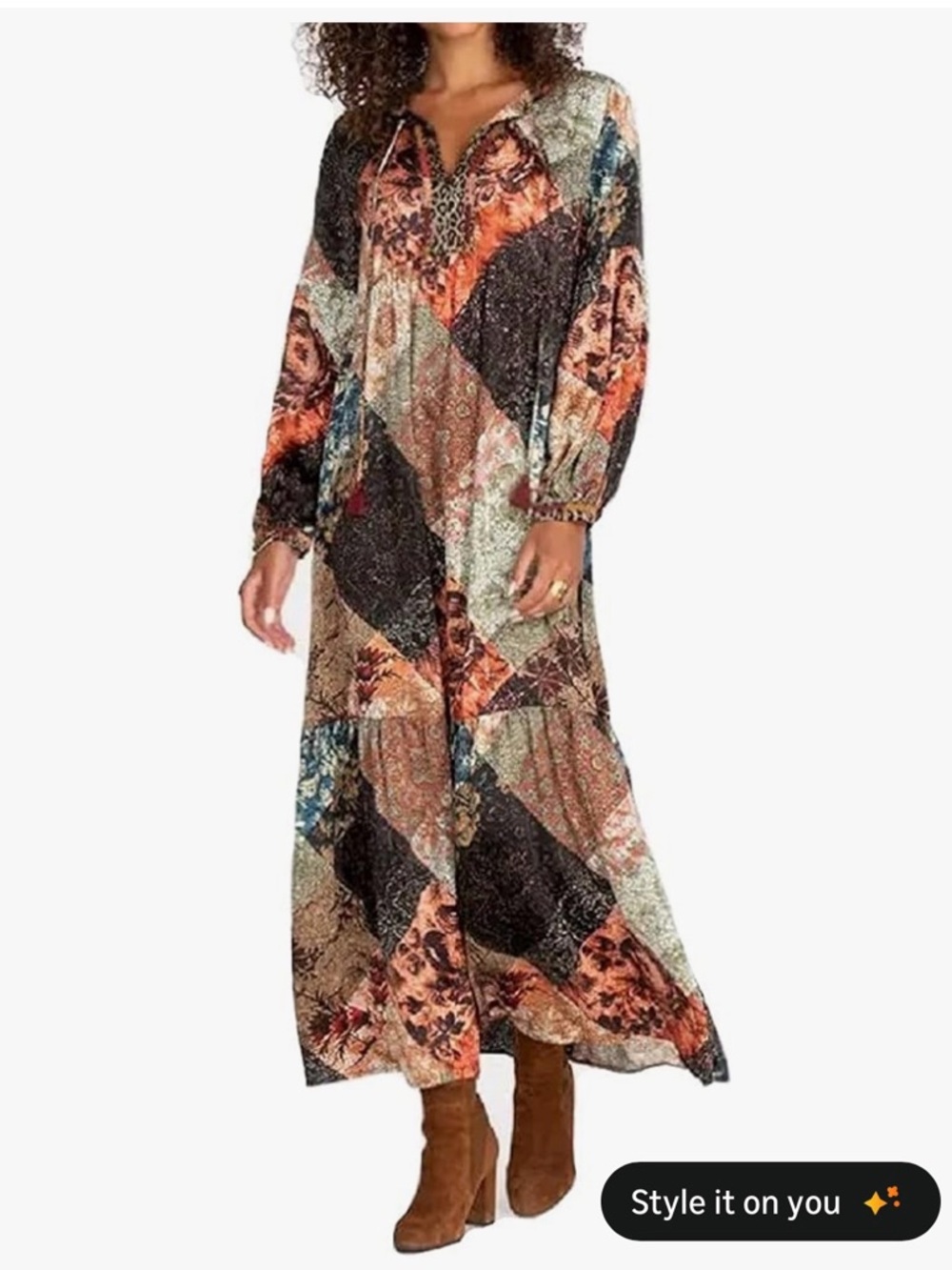 Johnny Was Patchwork Maxi Dress in Black, Rust & Teal